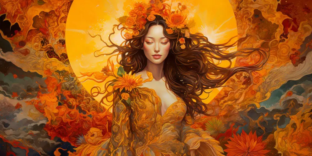 Portrait of a woman with flowers in her hair representing a Sun trining Moon aspect.