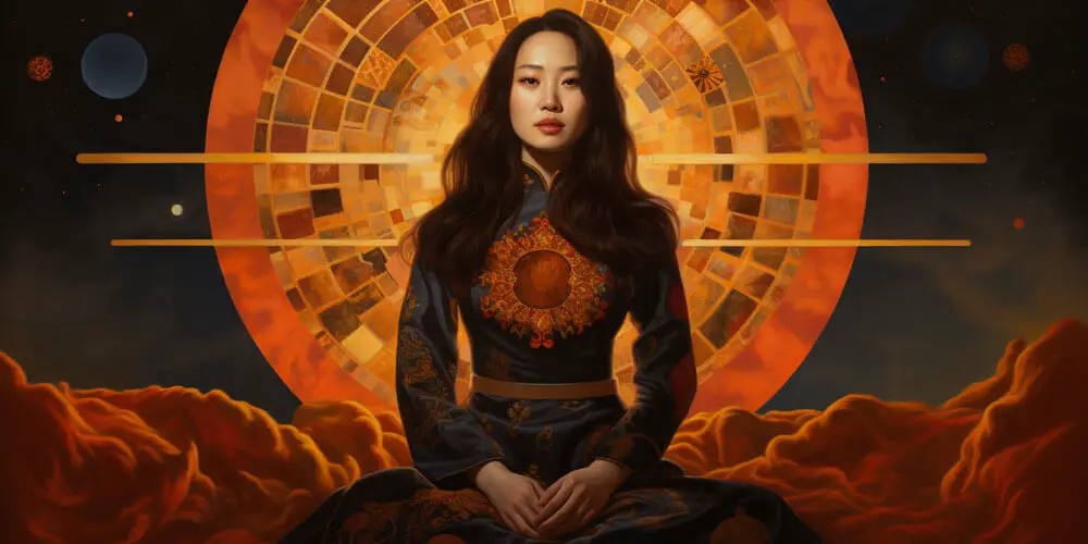 Painted are of Korean woman sitting in front of artistic sun