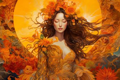 Portrait of a woman with flowers in her hair representing a Sun trining Moon aspect.