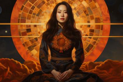 Painted are of Korean woman sitting in front of artistic sun